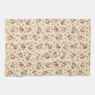 Cute Fall Acorn Bear Seamless Pattern Tea Towel