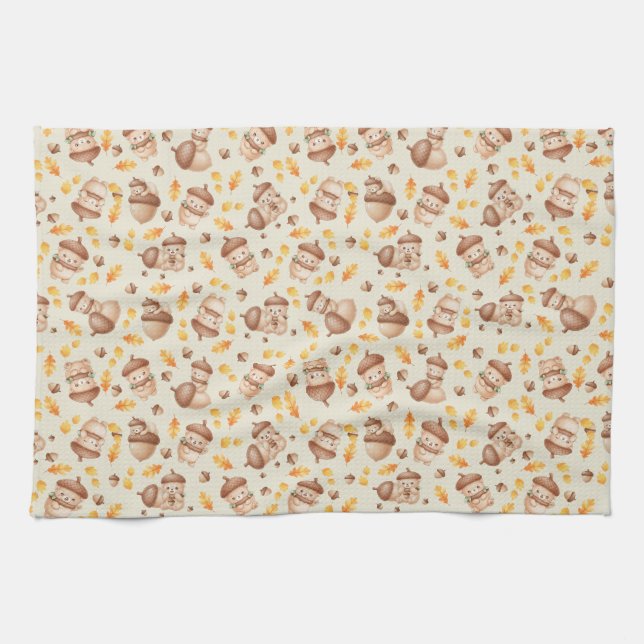 Cute Fall Acorn Bear Seamless Pattern Tea Towel (Horizontal)