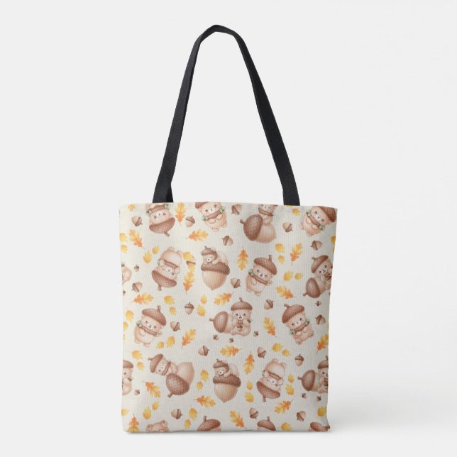 Cute Fall Acorn Bear Seamless Pattern Tote Bag (Back)