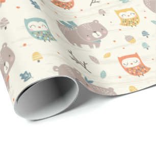 Cute Fall Bear and Owls on cream Wrapping Paper