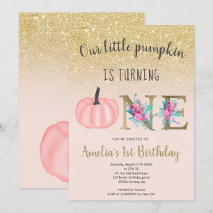 Cute fall blush gold little pumpkin 1st birthday invitation