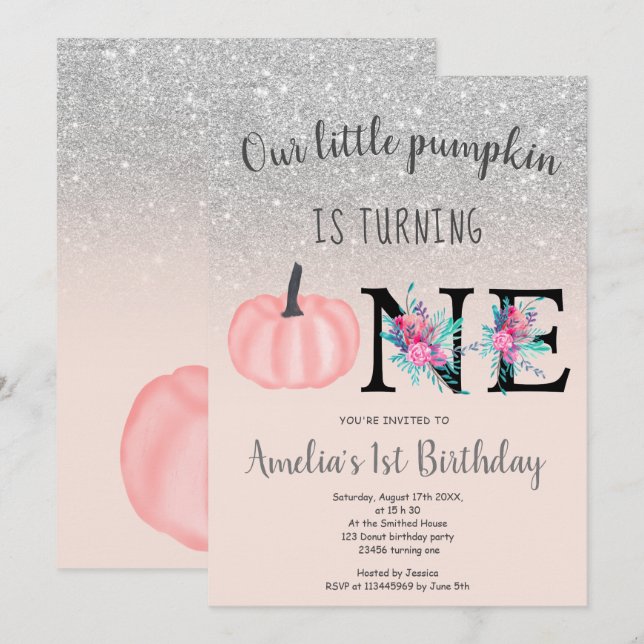 Cute fall blush silver little pumpkin 1st birthday invitation (Front/Back)