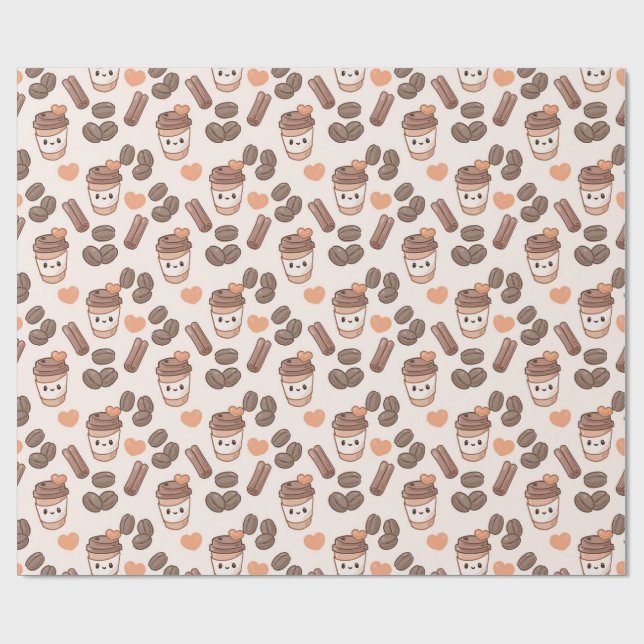 Cute Fall Coffee Beans & Cups Pattern Wrapping Paper (Flat)