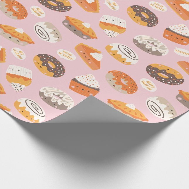 Cute fall cupcakes, doughnuts and pies with text wrapping paper (Corner)