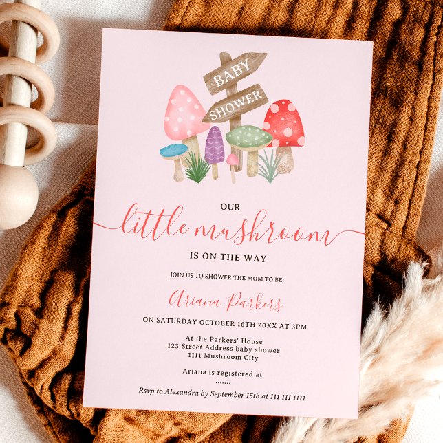 Cute fall fairy woodland mushrooms baby shower invitation (Cute fall fairy woodland mushrooms baby shower invitation on light pink)