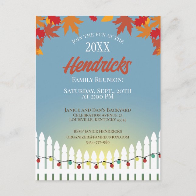 Cute Fall Family Reunion picket fence decorated Postcard (Front)