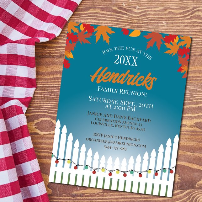 Cute Fall Family Reunion picket fence decorated Postcard (Family Reunion with Autumn colors nd picket fence)