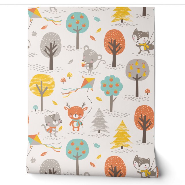Cute Fall Forest animals with kites and trees Wallpaper (Unrolling)