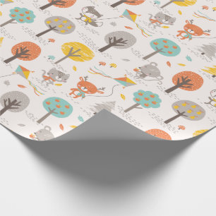 Cute Fall Forest animals with kites and trees Wrapping Paper