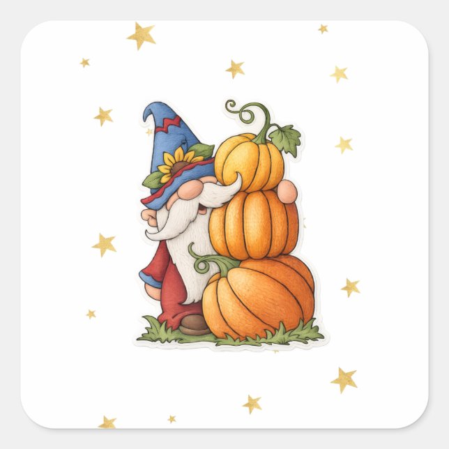 Cute Fall Gnome & Stacked Pumpkins Coffee Square Sticker (Front)