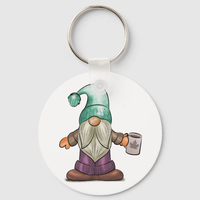 Cute Fall Gnome with Coffee Mug Key Ring (Front)