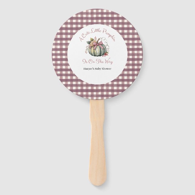 Cute Fall Green & Plum Pumpkin Themed Baby Shower Hand Fan (Front)