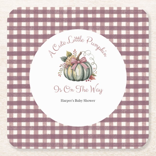 Cute Fall Green & Plum Pumpkin Themed Baby Shower Square Paper Coaster (Front)