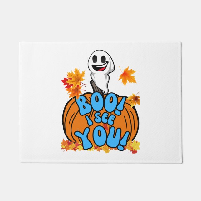 Cute Fall Halloween ghost Boo! I see You! Sticker Doormat (Front)