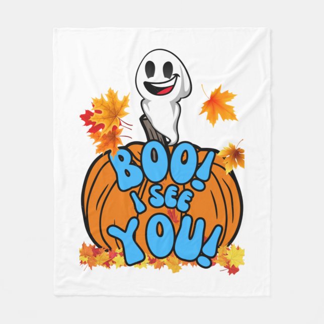 Cute Fall Halloween ghost Boo! I see You! Sticker Fleece Blanket (Front)