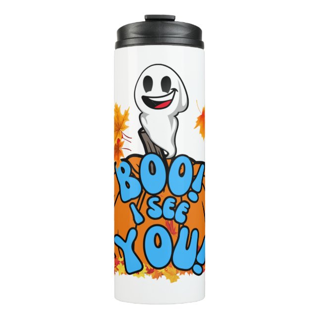 Cute Fall Halloween ghost Boo! I see You! Sticker Thermal Tumbler (Front)
