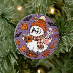 Cute Fall Halloween Ghost with Hot Cocoa Ceramic Tree Decoration