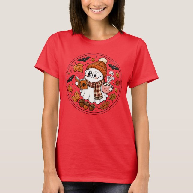 Cute Fall Halloween Ghost with Hot Cocoa T-Shirt (Front)