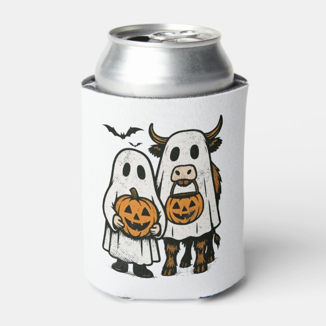 Cute Fall Highland Cow Ghost Halloween 2 Can Cooler (Can Front)