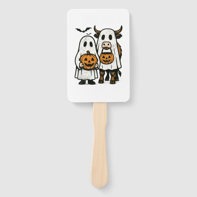 Cute Fall Highland Cow Ghost Halloween 2 Hand Fan (Front)
