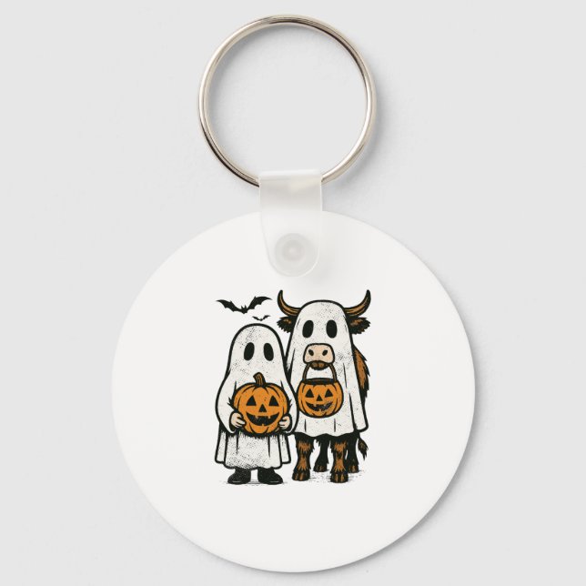 Cute Fall Highland Cow Ghost Halloween 2 Key Ring (Front)