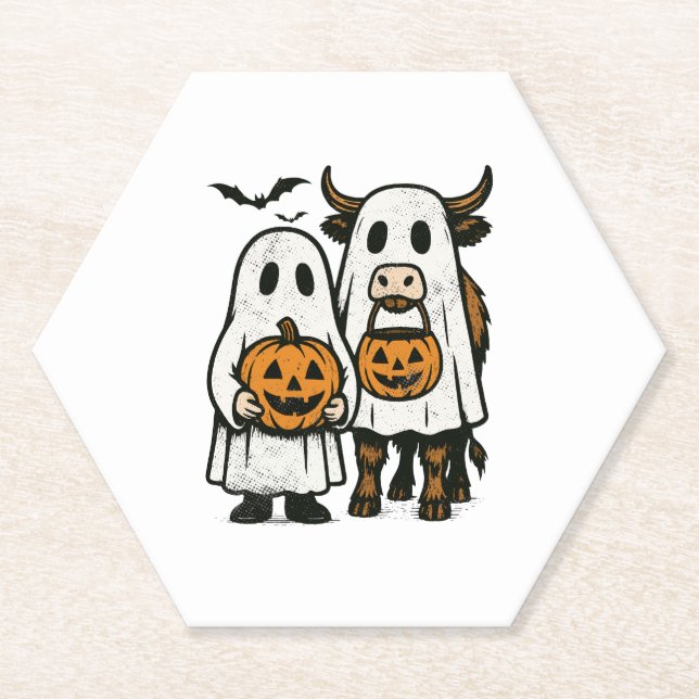Cute Fall Highland Cow Ghost Halloween 2 Paper Coaster (Front)