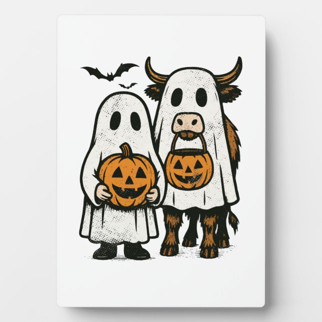 Cute Fall Highland Cow Ghost Halloween 2 Plaque (Front)