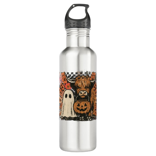Cute Fall Highland Cow Ghost Halloween 710 Ml Water Bottle (Front)