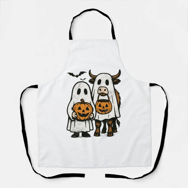 Cute Fall Highland Cow Ghost Halloween Apron (Front)