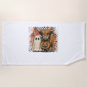 Cute Fall Highland Cow Ghost Halloween Beach Towel