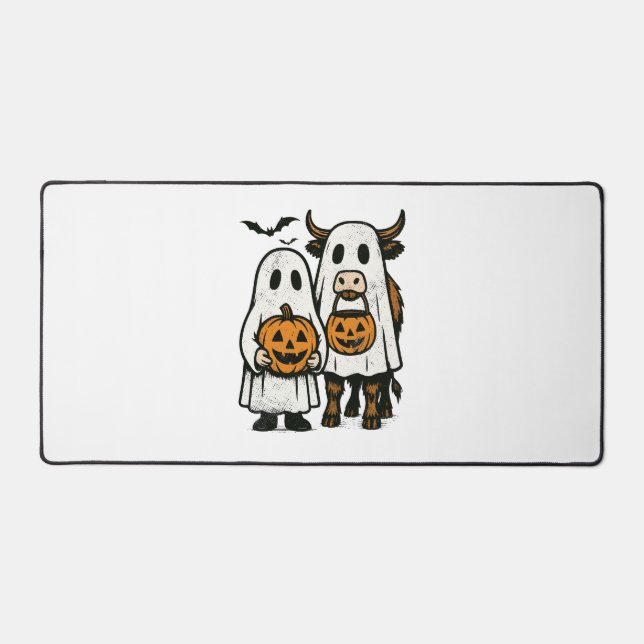 Cute Fall Highland Cow Ghost Halloween Desk Mat (Front)