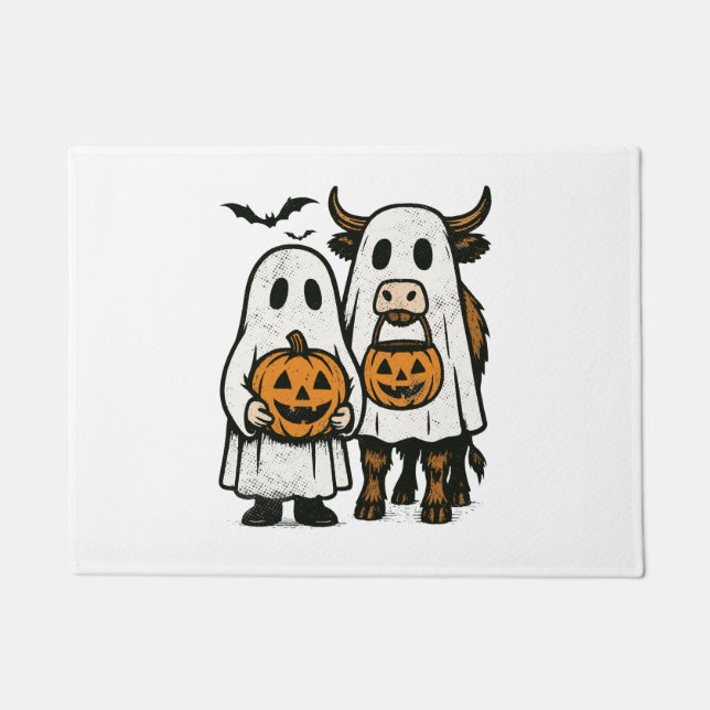 Cute Fall Highland Cow Ghost Halloween Doormat (Front)