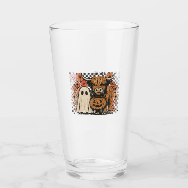 Cute Fall Highland Cow Ghost Halloween Glass (Front)