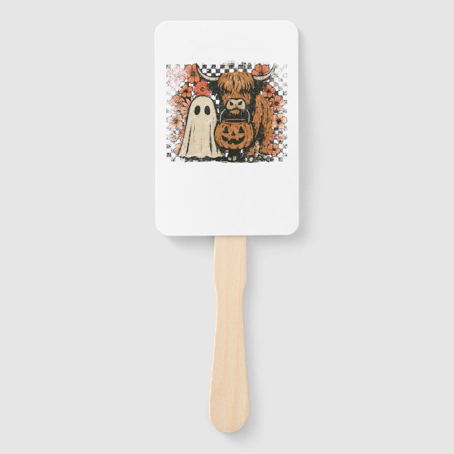 Cute Fall Highland Cow Ghost Halloween Hand Fan (Front)