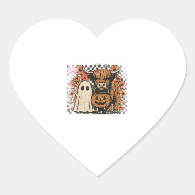 Cute Fall Highland Cow Ghost Halloween Heart Sticker (Front)