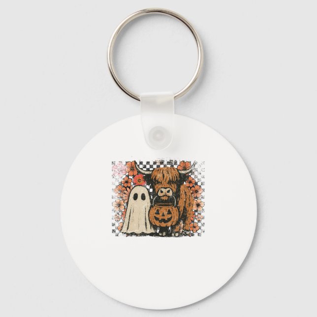 Cute Fall Highland Cow Ghost Halloween Key Ring (Front)