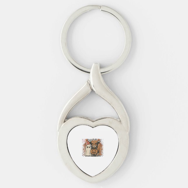 Cute Fall Highland Cow Ghost Halloween Key Ring (Front)
