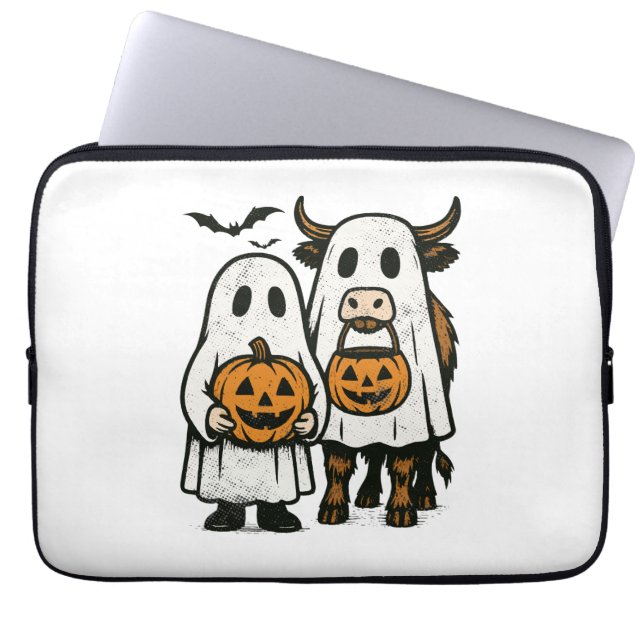 Cute Fall Highland Cow Ghost Halloween Laptop Sleeve (Front)