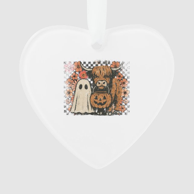 Cute Fall Highland Cow Ghost Halloween Ornament (Front)
