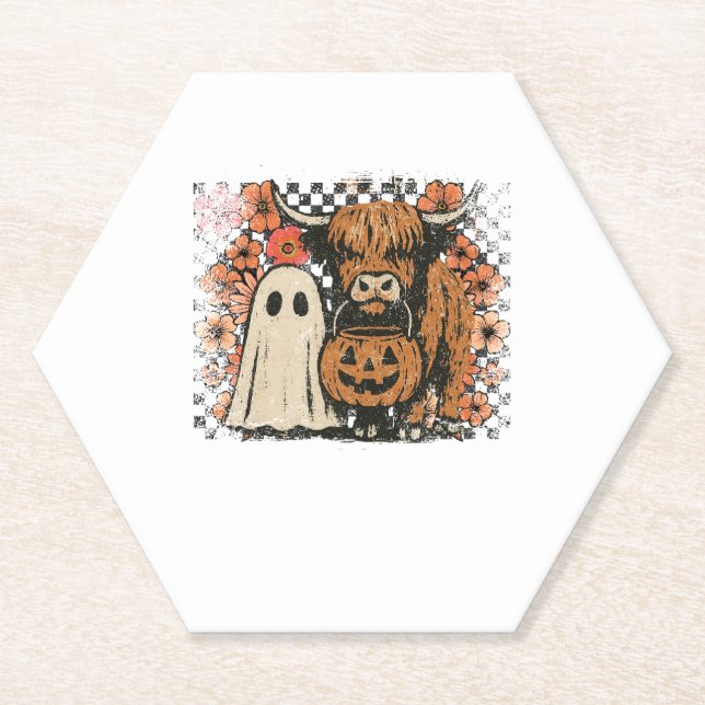 Cute Fall Highland Cow Ghost Halloween Paper Coaster (Front)