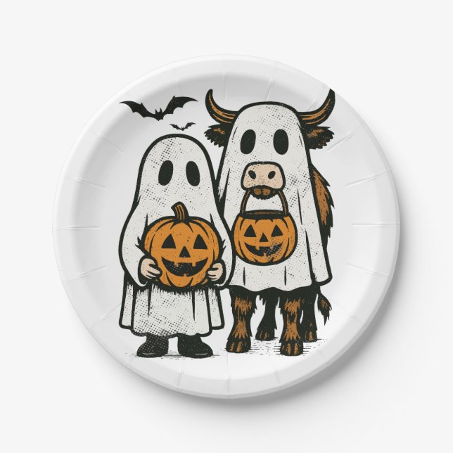 Cute Fall Highland Cow Ghost Halloween Paper Plate (Front)