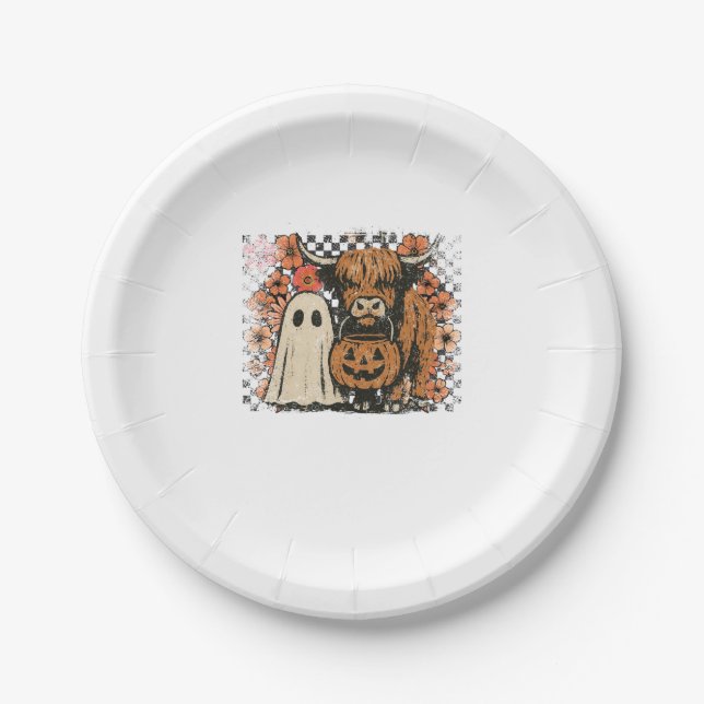 Cute Fall Highland Cow Ghost Halloween Paper Plate (Front)