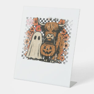 Cute Fall Highland Cow Ghost Halloween Pedestal Sign
