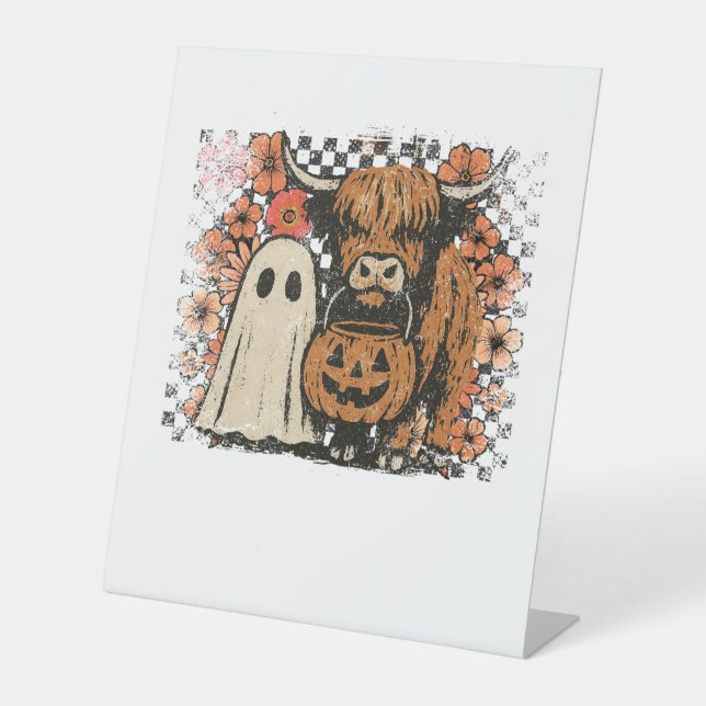 Cute Fall Highland Cow Ghost Halloween Pedestal Sign (Front)