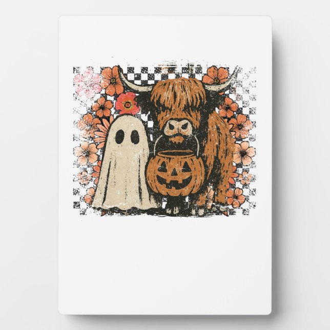 Cute Fall Highland Cow Ghost Halloween Plaque (Front)