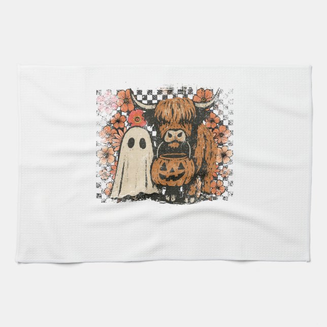 Cute Fall Highland Cow Ghost Halloween Tea Towel (Horizontal)