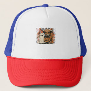 Cute Fall Highland Cow Ghost Halloween Trucker Hat