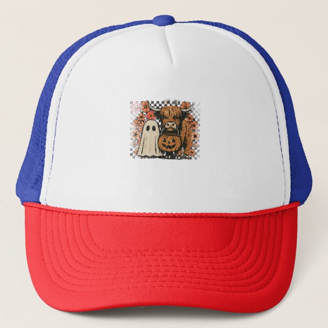Cute Fall Highland Cow Ghost Halloween Trucker Hat (Front)