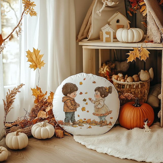 Cute Fall Kids Playing Round Cushion (Cute Children Playing in the Fall Round Pillow)