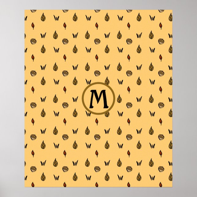 Cute Fall Leaves Acorns Pattern Custom Monogram Poster (Front)